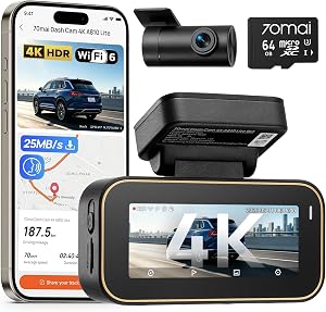 70mai A810 Lite caméra de tableau 4K avant et arrière, caméra de tableau Wi-Fi 6 à 5 GHz, caméra de voiture avec suivi GPS, vision nocturne HDR, mode de stationnement 24H, contrôle vocal, verrouillage d'urgence, enregistrement en boucle, prend en charge 512 Go max
