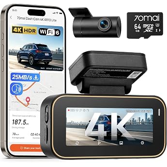 70mai A810 Lite Dash Cam Car 4K Dash Cam Car Front Rear Wi-Fi 6 25MB/s
