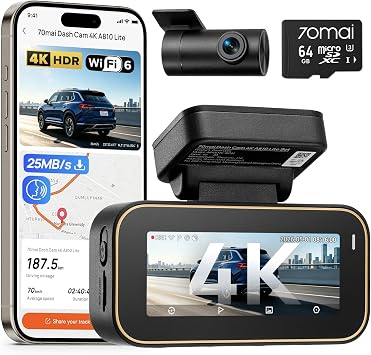 70mai A810 Lite Dashcam Vorne Hinten, 4K Dashcam 2160P+1080P mit 64GB Karte, 24H Parküberwachung, 4G LTE Fernzugriff unterstützt, Notfall-Voraufzeichnung, G-Sensor, Nachtsicht HDR, F1.55, 5GHz WiFi