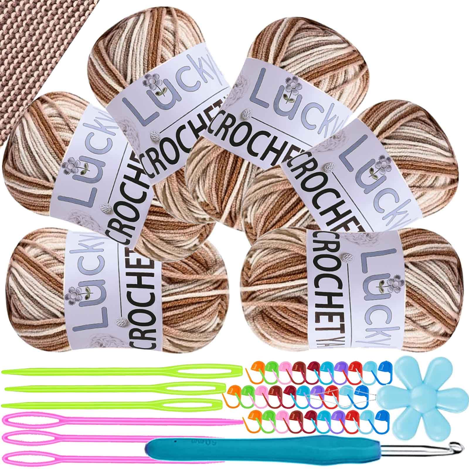 Crochet Yarn Double Knitting Wool (6X50g), Multicoloured Acrylic Yarn Crochet Wool with Aluminum Crochet Hooks Stitch Markers for DIY Craft Blankets Socks Dolls (Khaki Gradient)