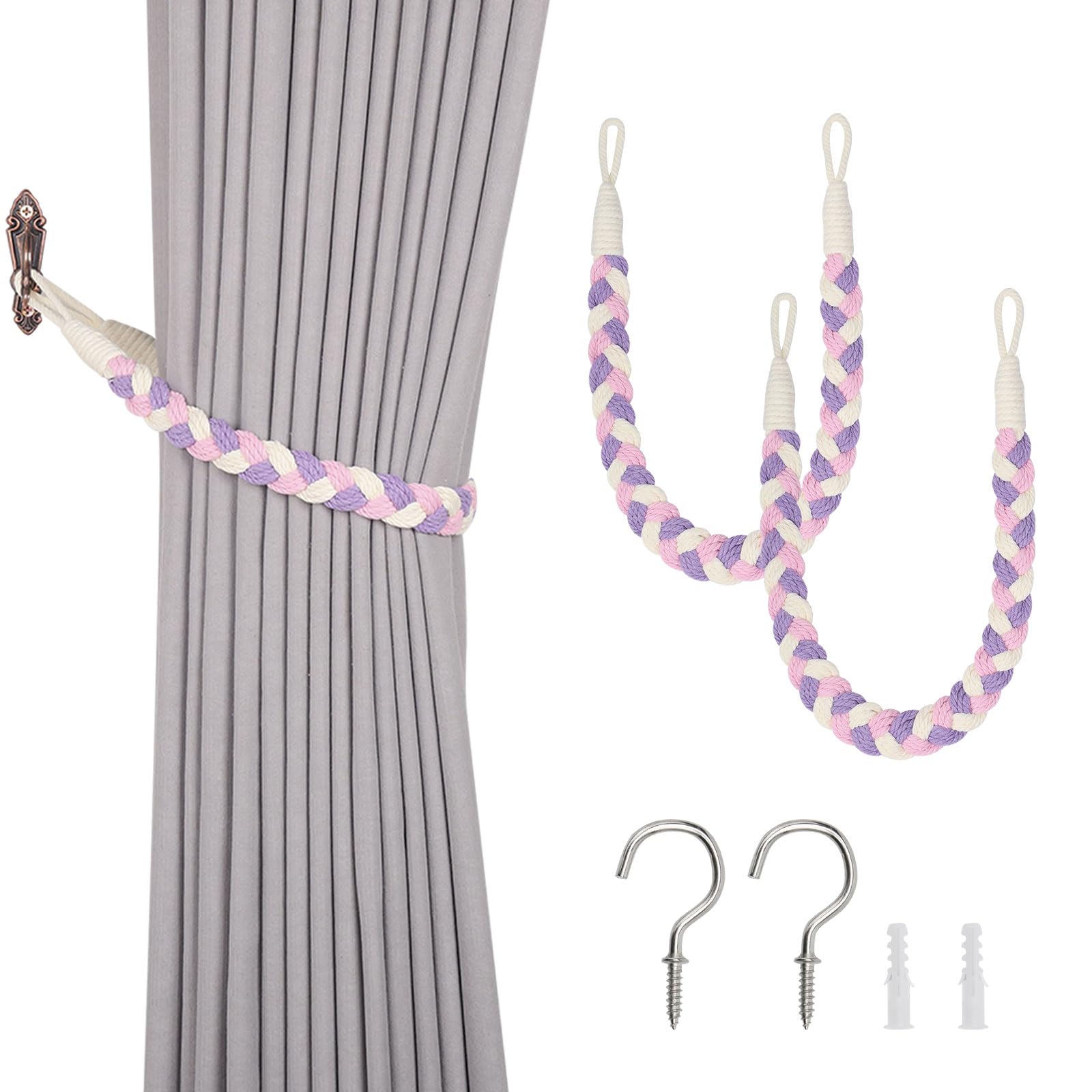 Pretty Jolly 2 Pack Natural Cotton Rope Curtain Tiebacks Elegant Boho Style Decorative Drape Tie Backs Soft Hand-Woven Rope Curtain Holdbacks with Metal Hook for Home & Office Drapery (Purple & Pink)