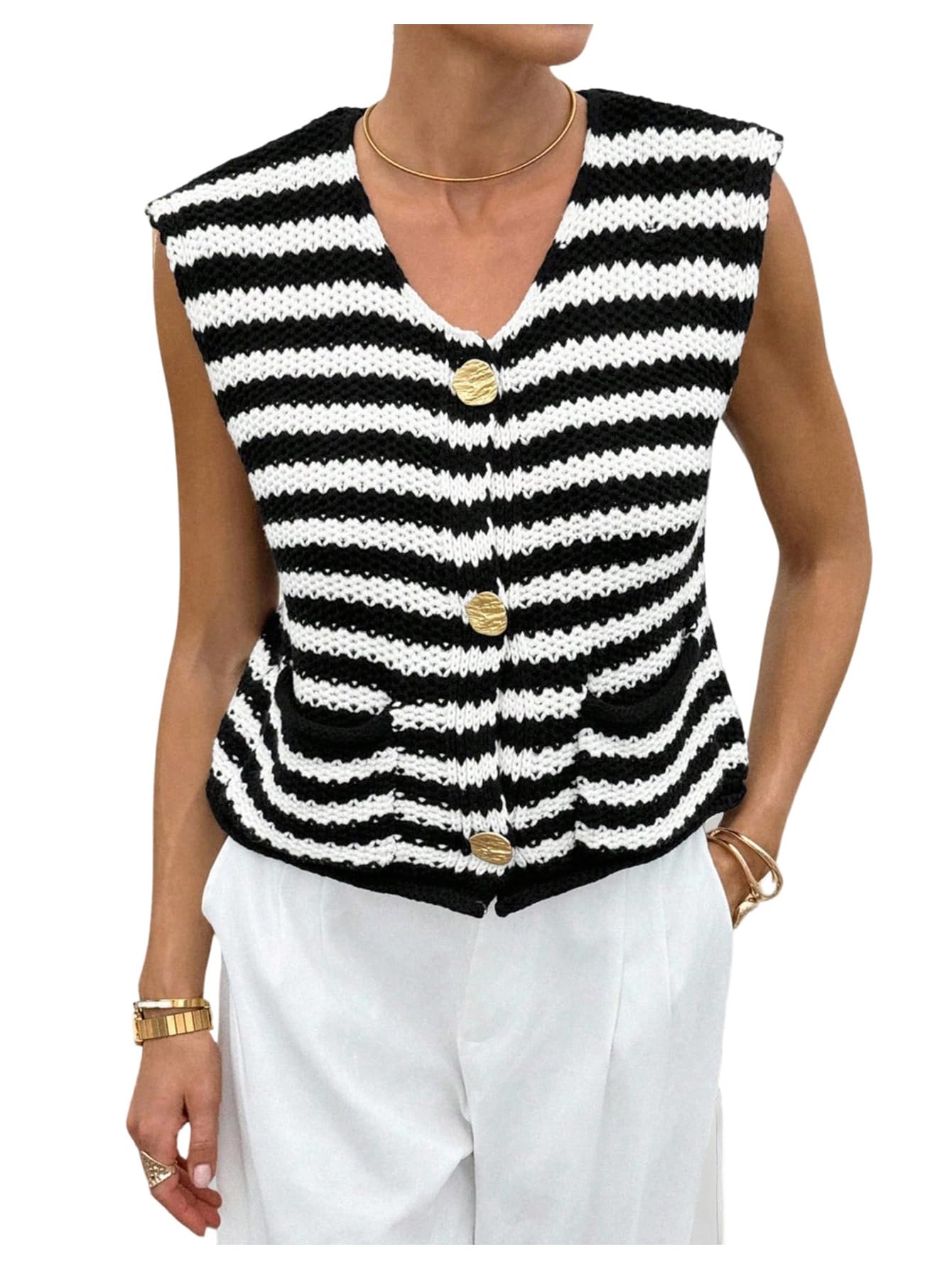 MakeMeChic Womens Old Money Fall Striped Sweater Vest V Neck Sleeveless Button Down Knit Top