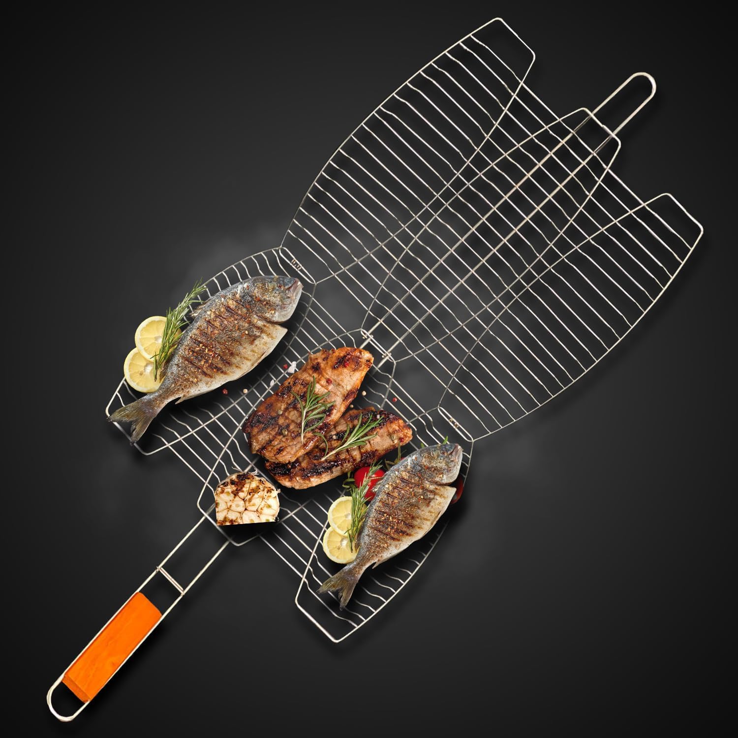 Panier Grill Poisson Barbecue Pliable En Inox - Avec Poignée Amovible, Brosse Et Sac De Rangement