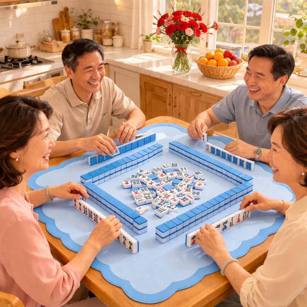 Mahjong Mat for Table with Black Carrying Bag, Anti-Slip, Noise-Reducing Table Cover for Mahjong Poker Board Games Dominoes Card Games (Blue) (Blue and Cyan Edging)