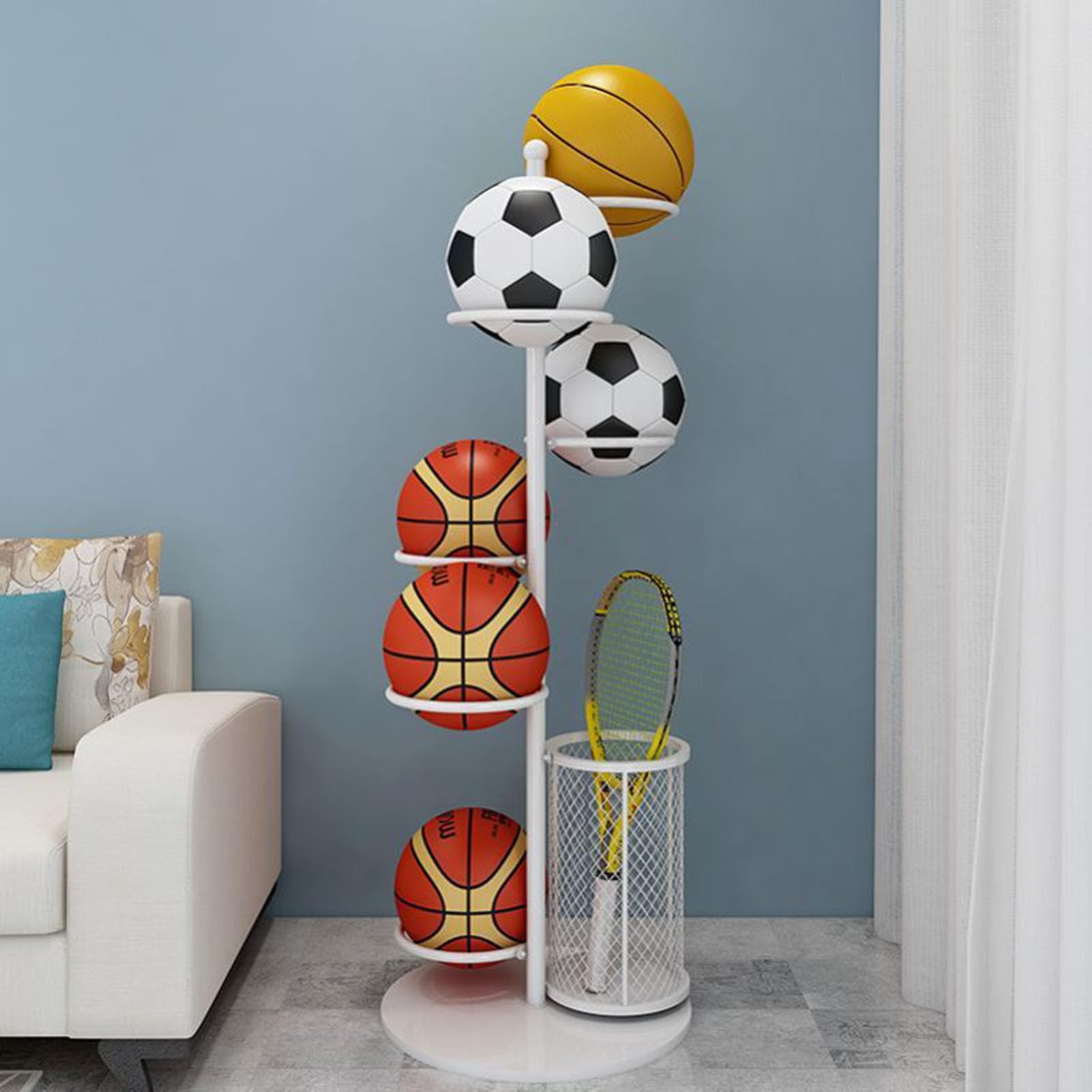 Étagère de rangement pour balles avec panier, étagère de rangement, étagère de rangement verticale, étagère de rangement pour équipement de sport pour volley-ball, football, basket-ball