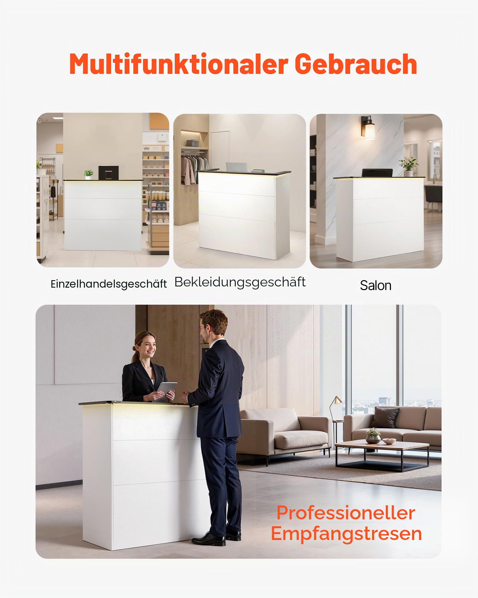 VEVOR Empfangstheke 127,5 cm Lang, Rechteckige Rezeptionstheke mit Lichtleiste & 3 Schubladen & Stauschränken, Empfangstresen für Kasse Lobby Schönheitssalon Büro Hotel, Verkaufstheke Bürotheke