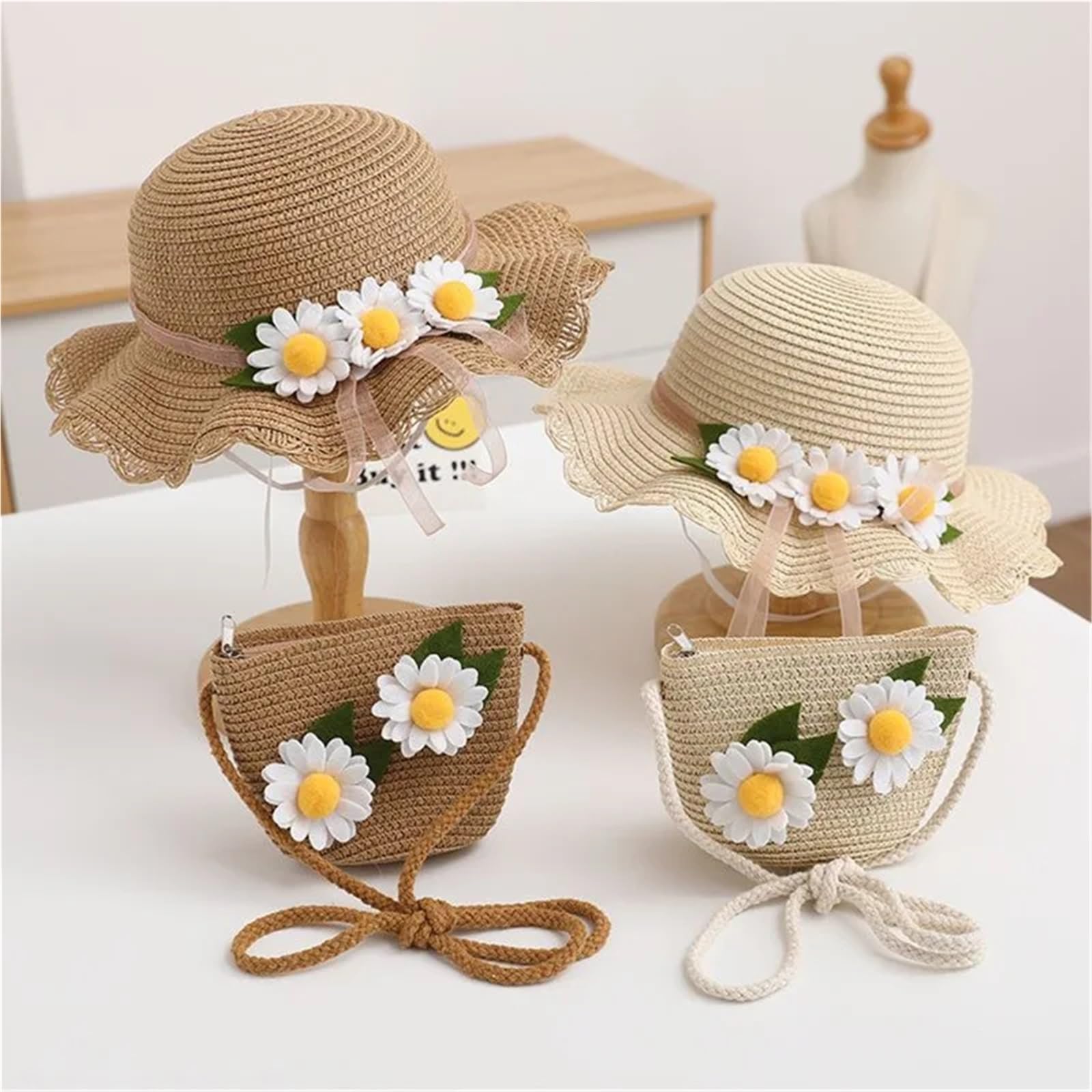 1 pz Cappelli di Paglia Estivi Fiore a Tesa Larga e con Borsa a Tracolla Set Cappelli da Pescatore Protezione Solare da Viaggio da Spiaggia