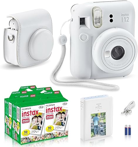 Fujifilm Instax Mini 12 - Paquete de accesorios para cámara instantánea Instax Mini 12, color blanco arcilla y funda personalizada compatible +