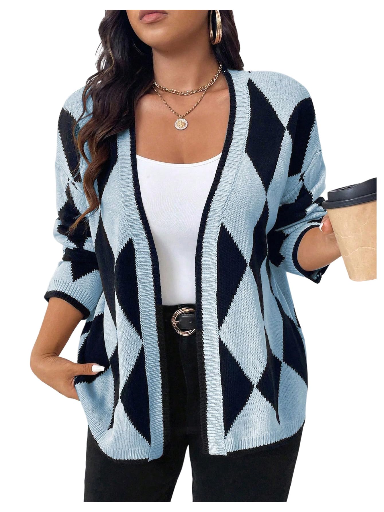 OYOANGLE Womens Plus Size Geo Print Open Front Cardigan Sweater Drop Shoulder Work Dressy Knit Sweater Coat