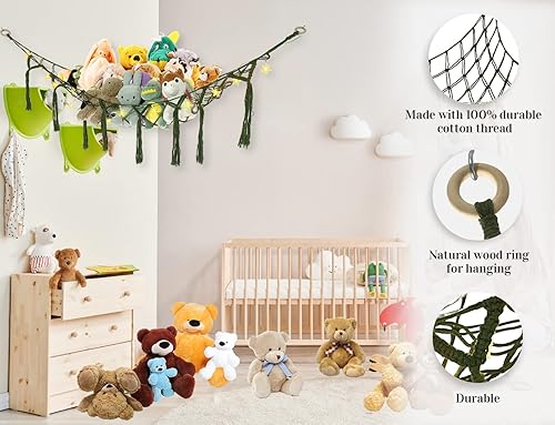 Miniatura 2 de Red de animales de peluche o hamaca jumbo  con cadena de luces LED blancas cálidas, ganchos de pared, hamaca de animales de peluche  Red
