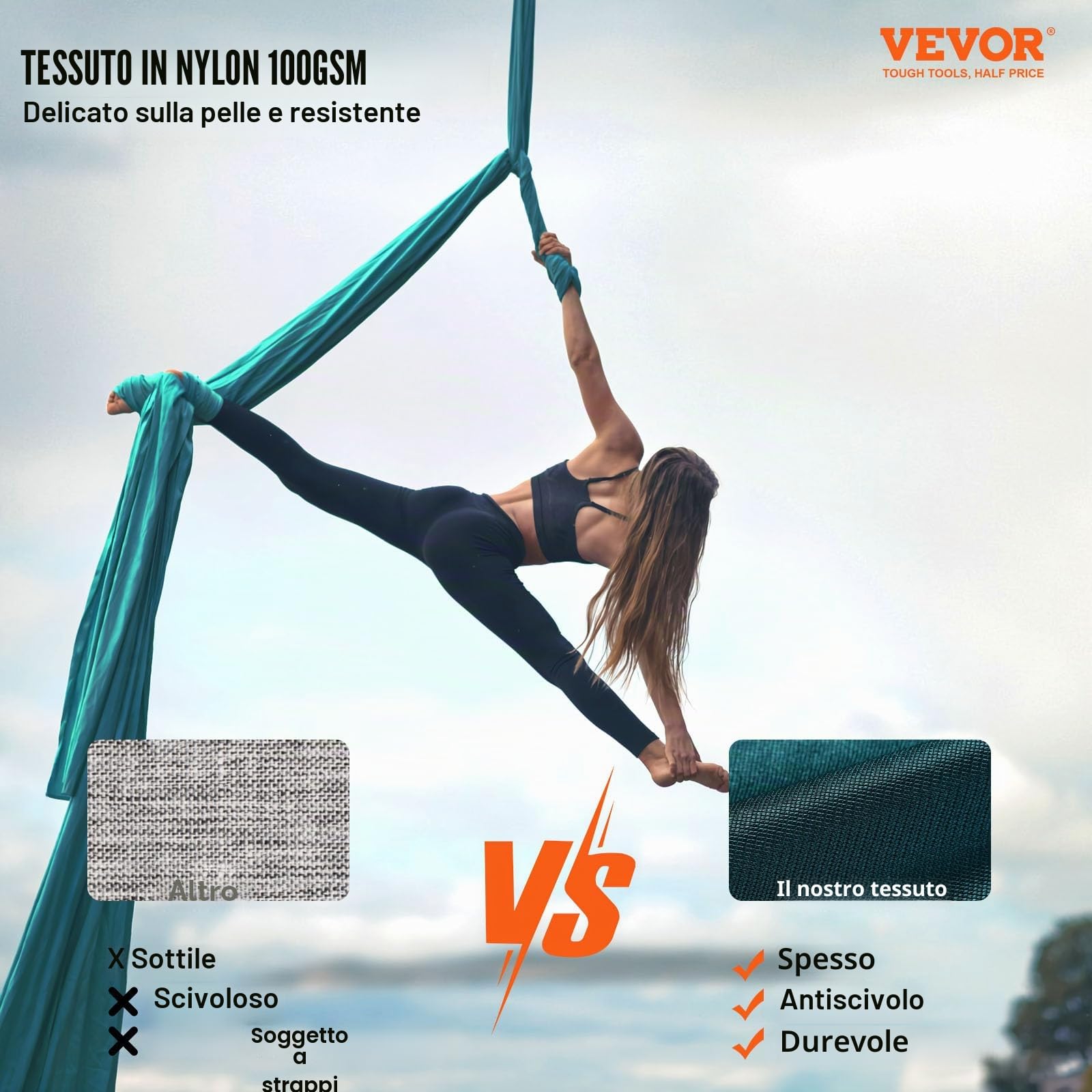 VEVOR Altalena per Yoga e Seta Aerea, 8,7 iarde, Kit Amaca in Nylon 100 g/m², Hardware Completo, Verde