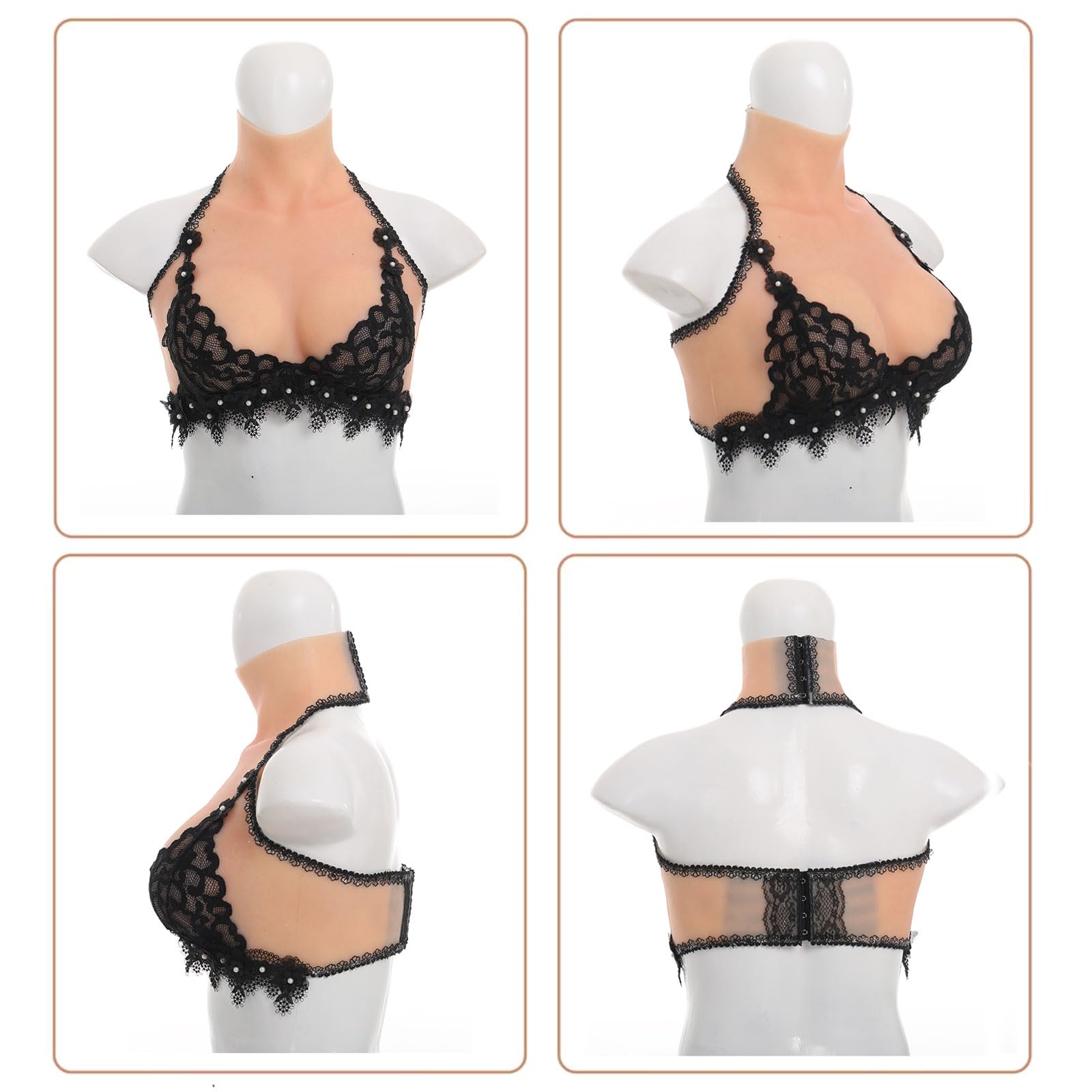 XSWL Reggiseno in Pizzo Nero con Protesi mammaria Silicone Coppa C | Protesi mammaria morbida in silicone coppa C con pizzo nero e bottoni, ideale per uso quotidiano dopo mastectomia