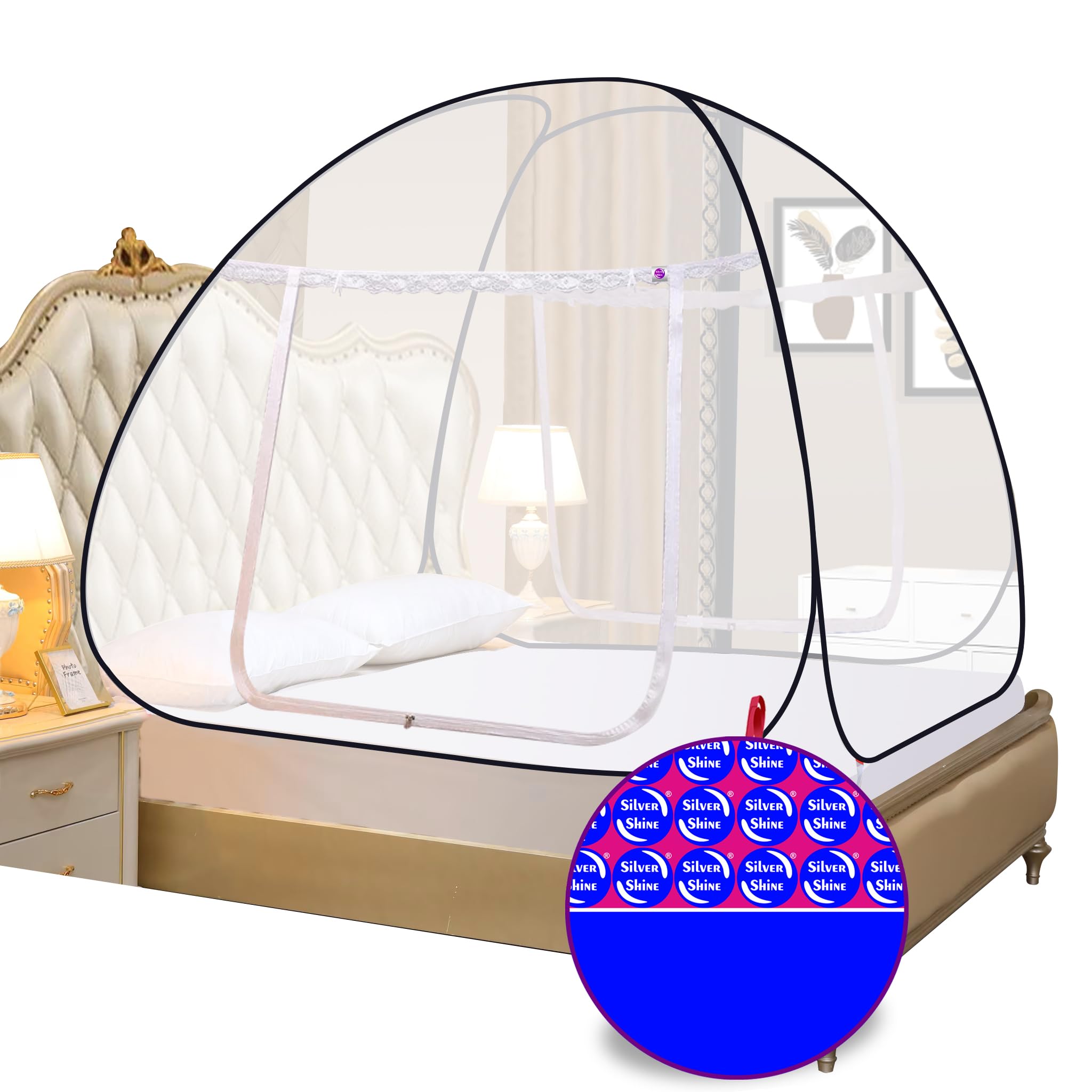 Mosquito Net Polyester Adult King Size Double Bed Design Look Foladable Mosquito Net (White Black, Double Bed)