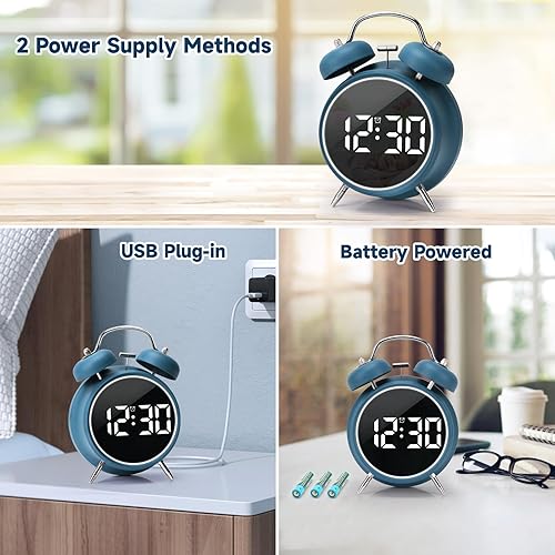 Miniatura 4 de JUSTUP Reloj despertador digital pequeño, reloj despertador electrónico LED de doble campana de 4.5 pulgadas, con enchufe o funciona con pilas,