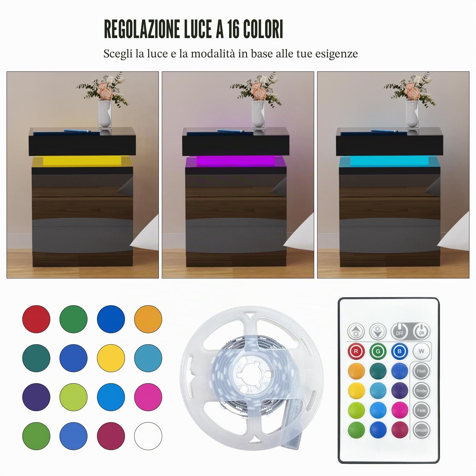 Comodino lucido con luce LED RGB, 3 cassetti, nero comodino in legno, con chiusura a flip-top, per camera da letto, soggiorno(45 x 35 x 61 cm)