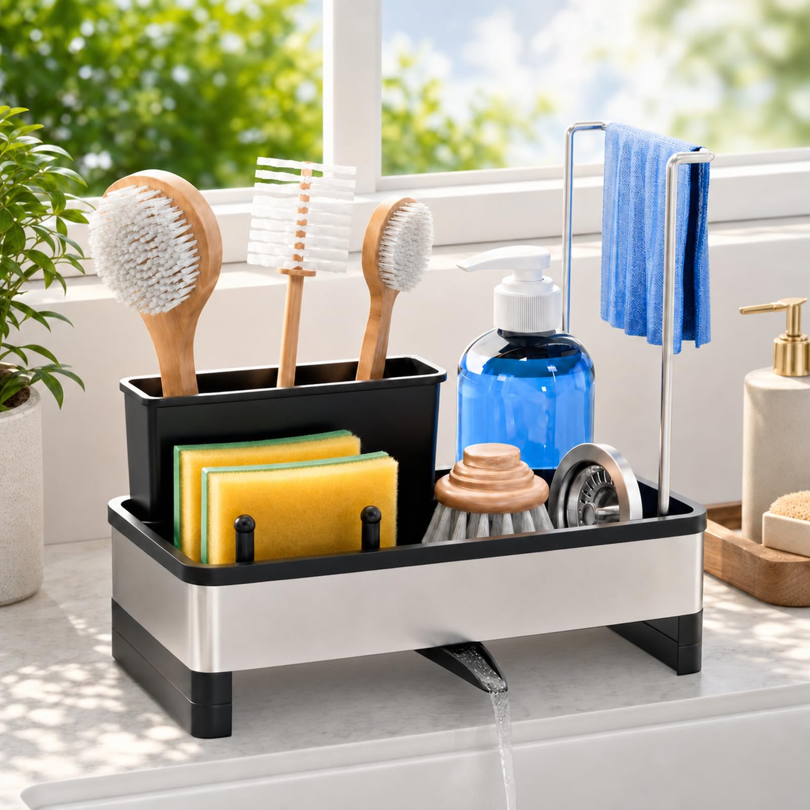 Photo 1 of Laveshop Sponge Holder for Kitchen Sink, Rustproof Stainless Steel Sink Caddy with Auto-Drain, Removable Brush Holders, Soap and Dishcloth Organizer, Black