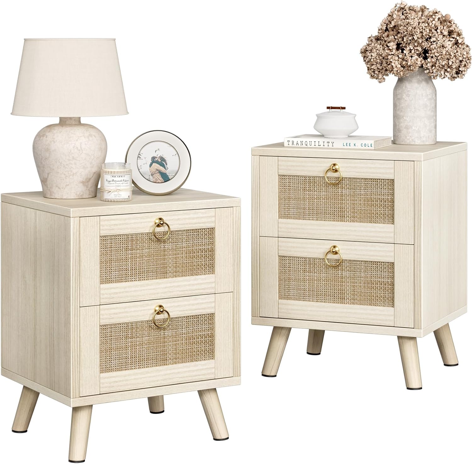 BOLUO Wood Night Stand Set 2, Small Nightstand with 2 Drawers Boho Nightstands Wooden Rattan Bedside Table for Bedroom Beige