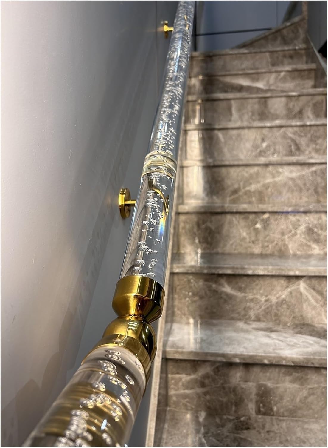 SAFWELAU Banister Rails Stair Handrail Wall Mounted Railing Grab Bar with Silver/Golden Brackets, Clear Bubble Acrylic Handrail Kit for Indoor Stair(Gold,130cm/4.3ft/51.2in)