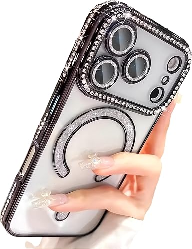 Miniatura 16 de Funda magnética con purpurina para iPhone 15 Plus [compatible con MagSafe] protector de lente de cámara con diamantes de imitación brillantes,