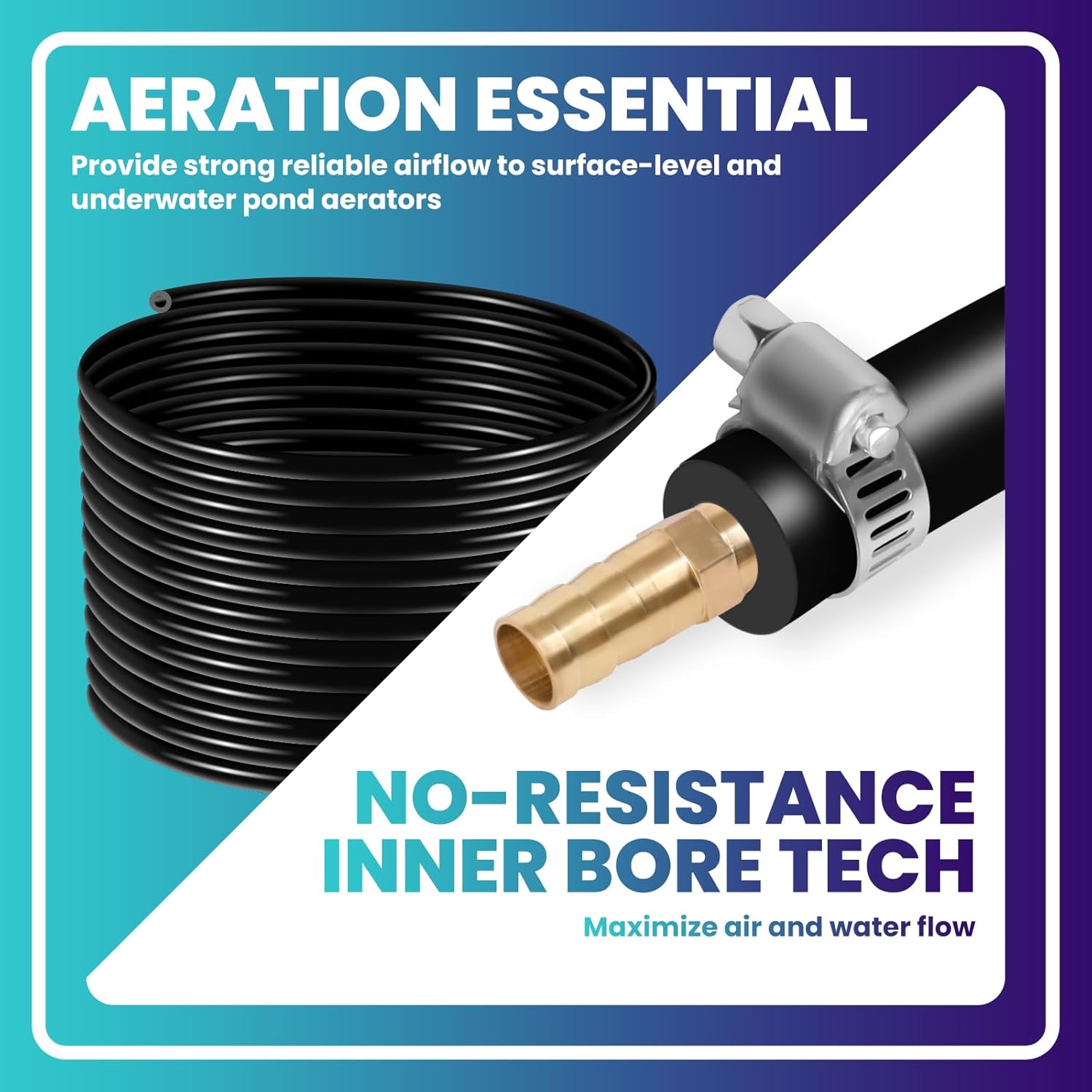 Vohala 3/8inch Self Sinking Aeration Hose, 656 Feet pond hose, pond tubing with 4 Copper Menders and 4 Stainless Steel Hose Clamps, for Aquaculture,Garden and Lake Aeration of Aeration (656Feet)