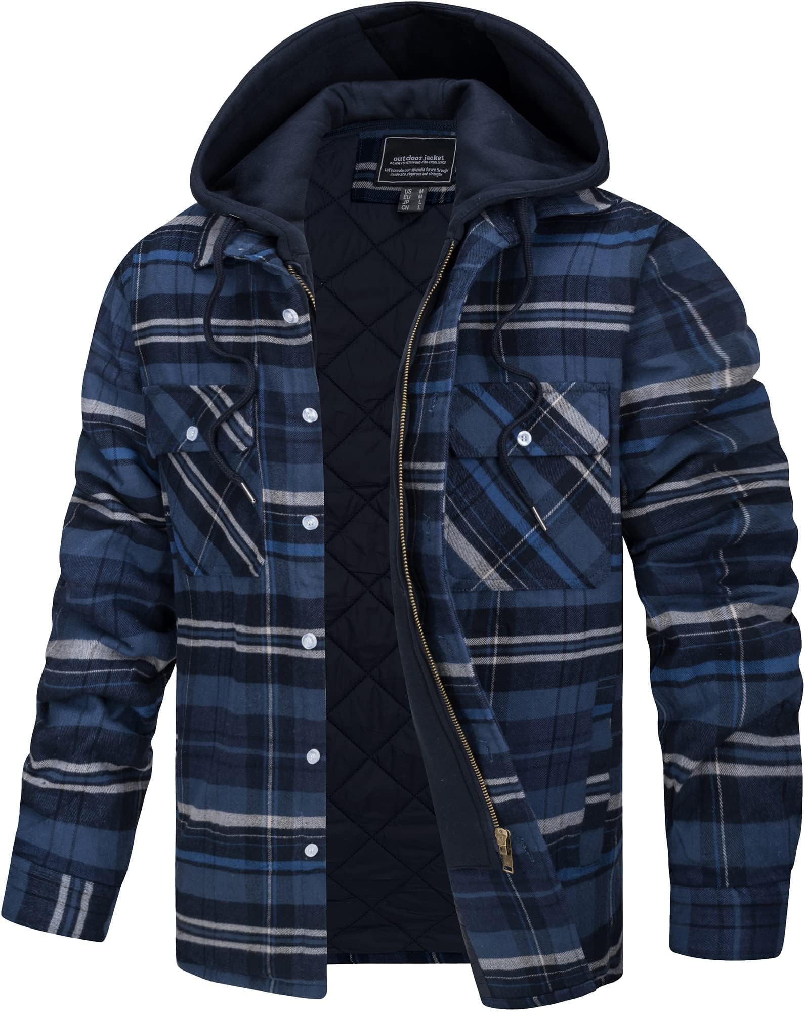TACVASEN Men's Flannel Shirt Button Down Plaid Shirts with Hood Quilted Lined Casual Shacket Mens Winter Cotton Shirt