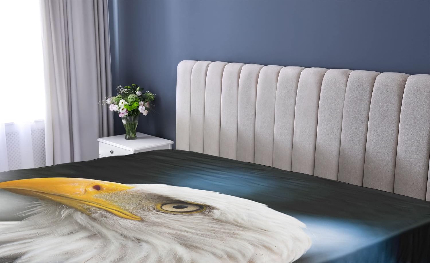 Ambesonne Eagle Fitted Sheet, Photo of The Head of Freedom in America with Blurred Background, Bed Cover with All-Round Elastic Deep Pocket for Comfort, Queen Size, Dark Brown Marigold Blue
