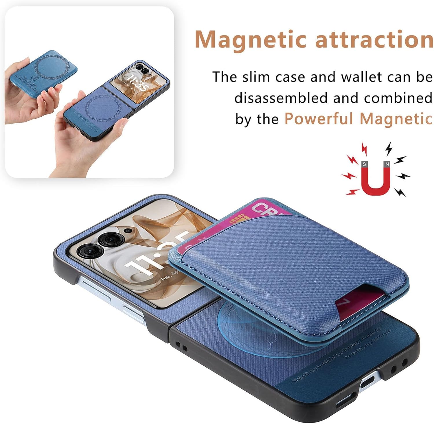 Asuwish Compatible with Motorola Razr 2024/2025 Case [Not fit Razr Plus 2024/2025], Detachable Card Slot Magnetic Back Case Holder Stand Kickstand Cell Phone Cover for Moto Razr 50/60 Women Men Blue