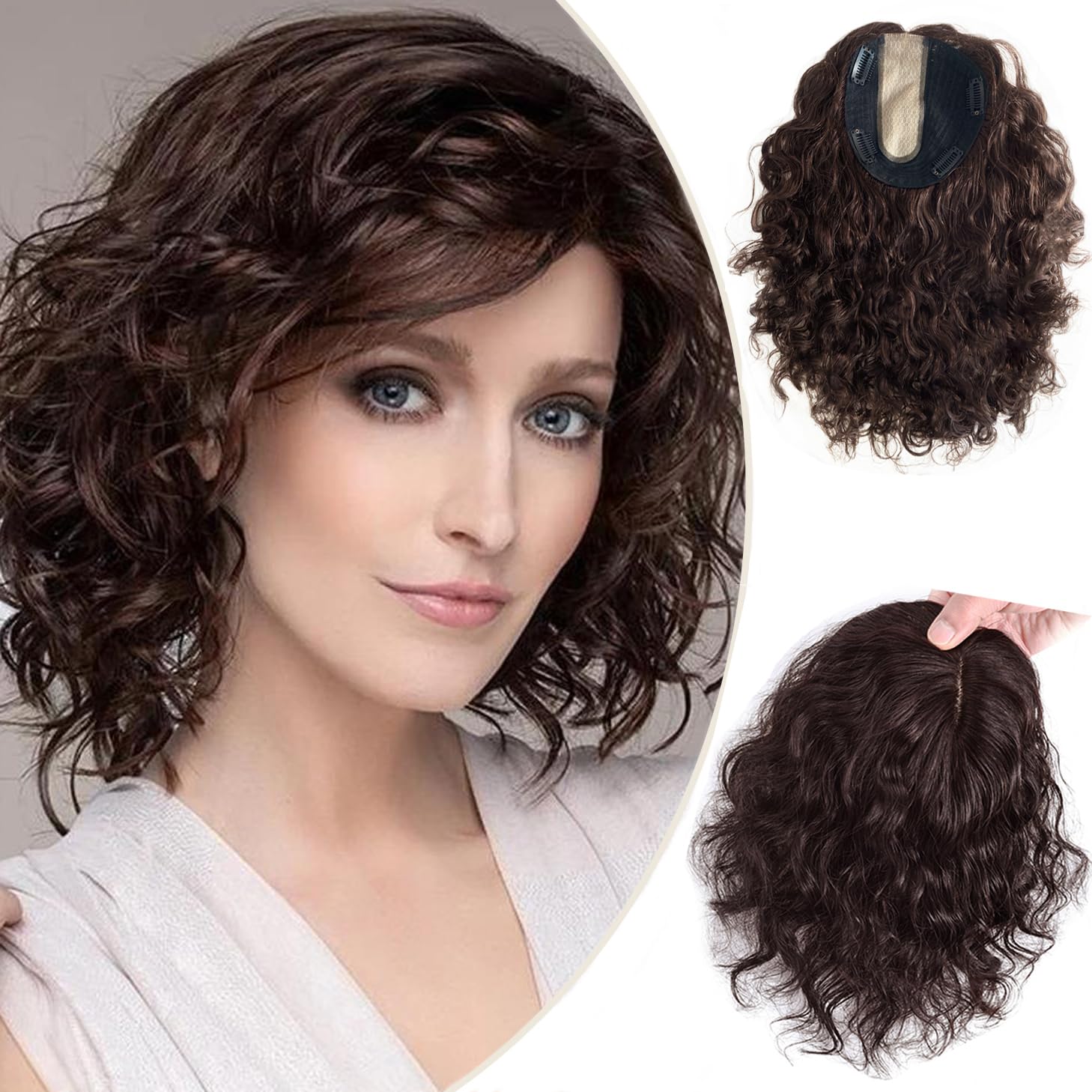 ICRAB 13x14cm Real U-shaped Silk Base Human Hair Toppers for Women with Thinning Hair,Curly Wavy Hair Topper Clip in Replacement Hairpieces Wiglet 10"