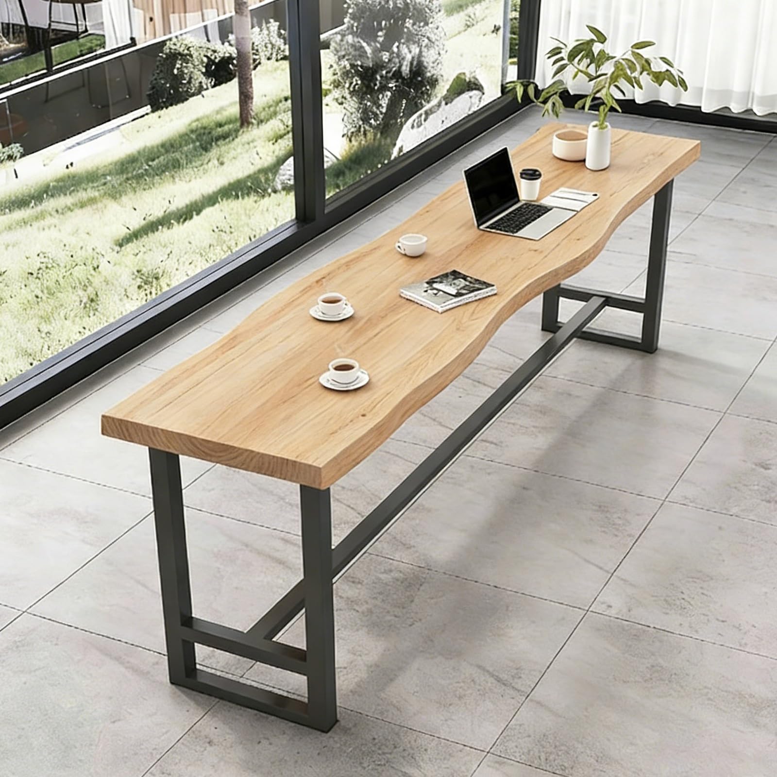 Table de bistrot en bois massif avec pieds en fer robustes - Hauteur de comptoir épaisse - Pour salle à manger et salon - Style carré moderne - 221 x 61 cm