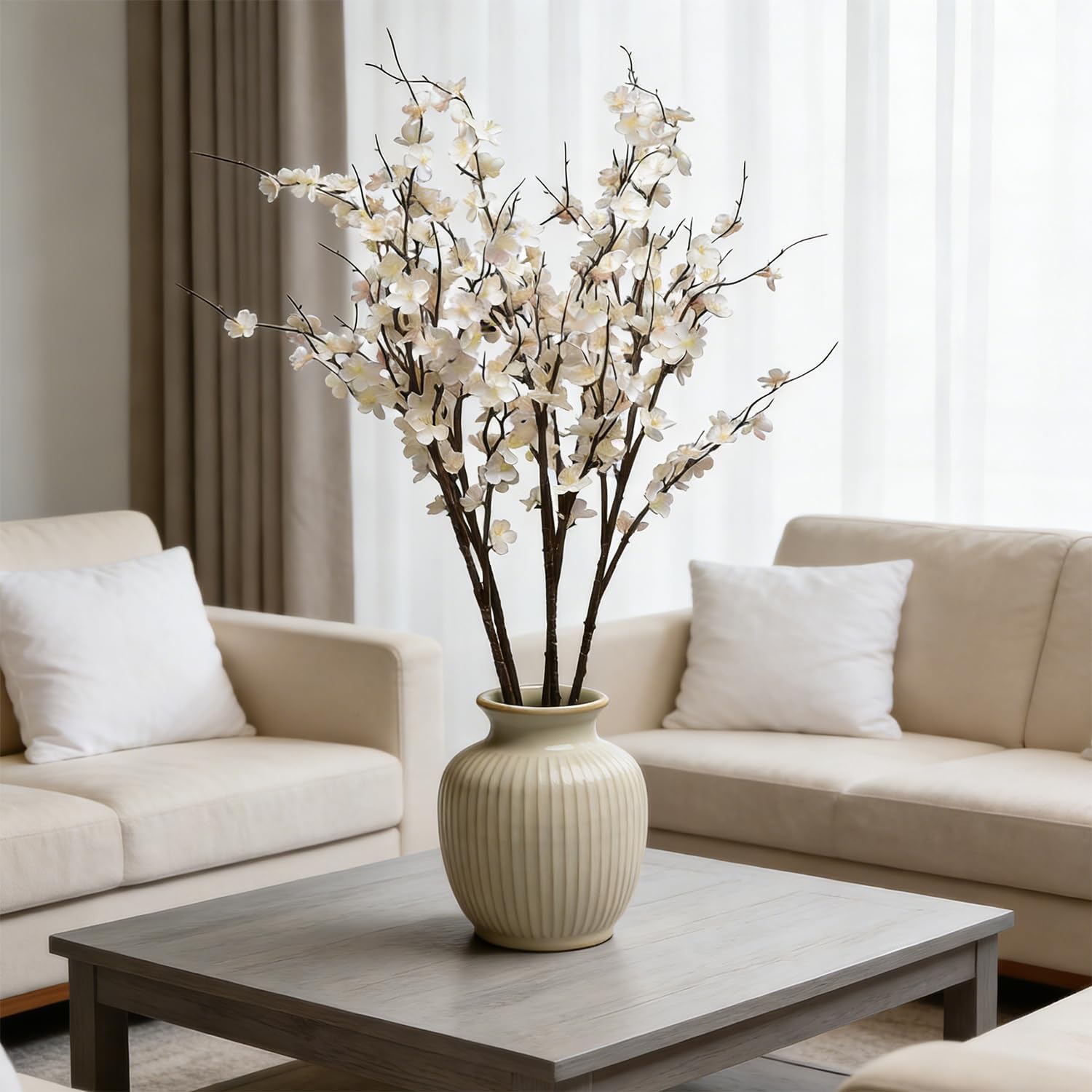 CLONG Artificial Cherry Blossom Branches for Vase Faux Cherry Blossom Stems Long Stem Artificial Flowers for Tall Vase (5, White)