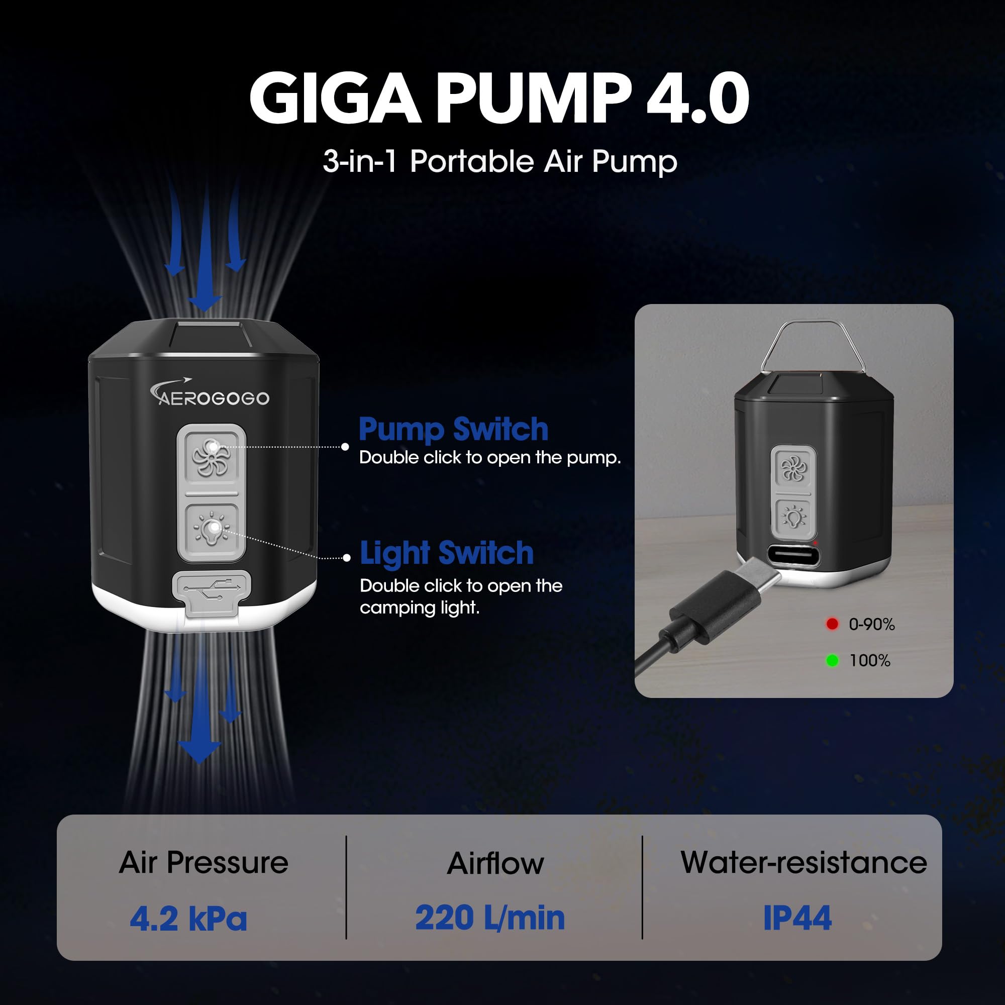 Pompe à air portable 4,2 kPa pour gonflables GIGA PUMP 4 avec pompe à matelas ultra légère de camping