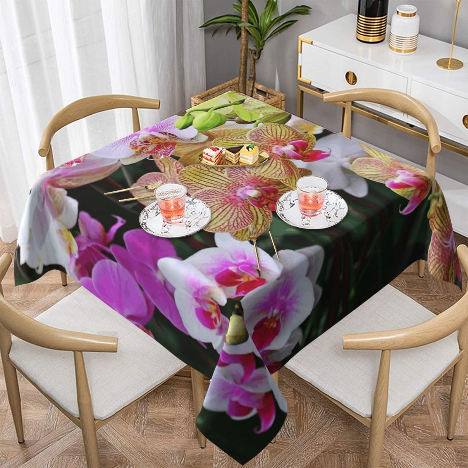 DCEHGEW orchids Prints Square Tablecloth 137x137 CM, Waterproof Fabric Table Cloth for Dining Table, Farmhouse Table Cover for Kitchen Dining Tabletop Decoration