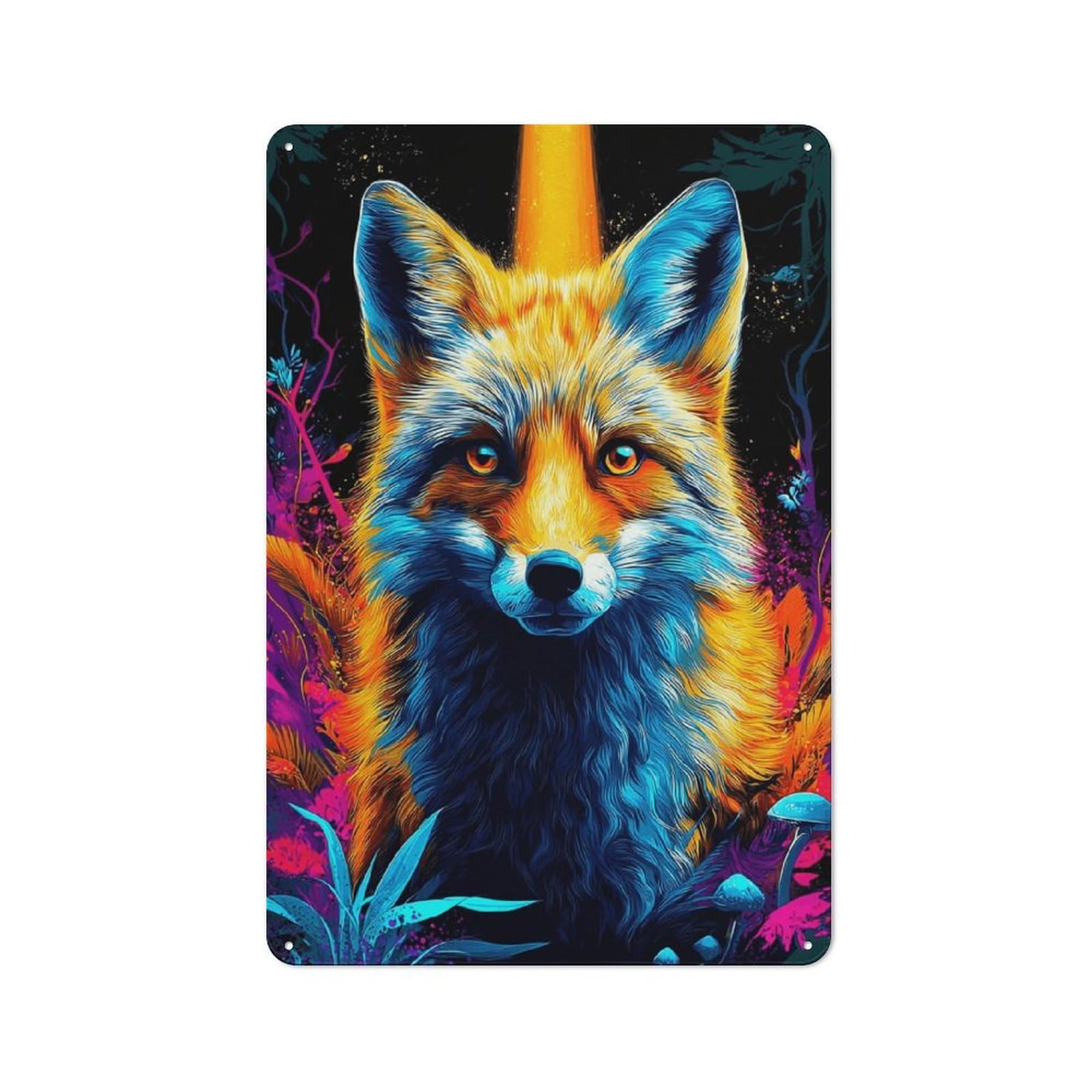 Junmoney Colorful Fox In Fantasy Forest Decorative Tin Plaque 30X20cm, Vintage Bar Wall Plaque For Bar, Kitchen, Garage Or Games Room
