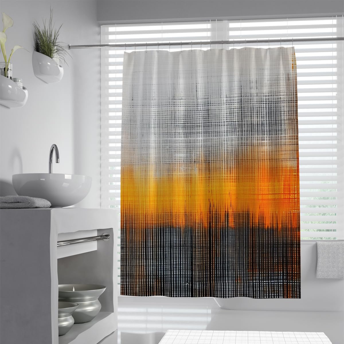 UIRINGART Contemporary Luxury Shower Curtains W200xL220cm Orange Grey Black Checked Grid Texture Mildew Mould Resistant Easy to Clean Polyester Fabric Wet Rooms