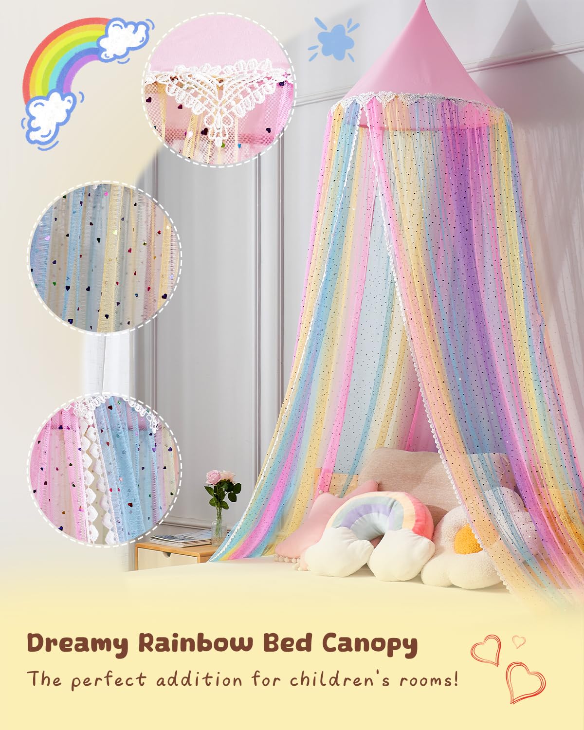 WEEKAN Rainbow Canopy for Girls Room, Princess Bed Canopy for Kids and Toddler, Crib Canopy for Baby, Round Dome & Sequin Netting