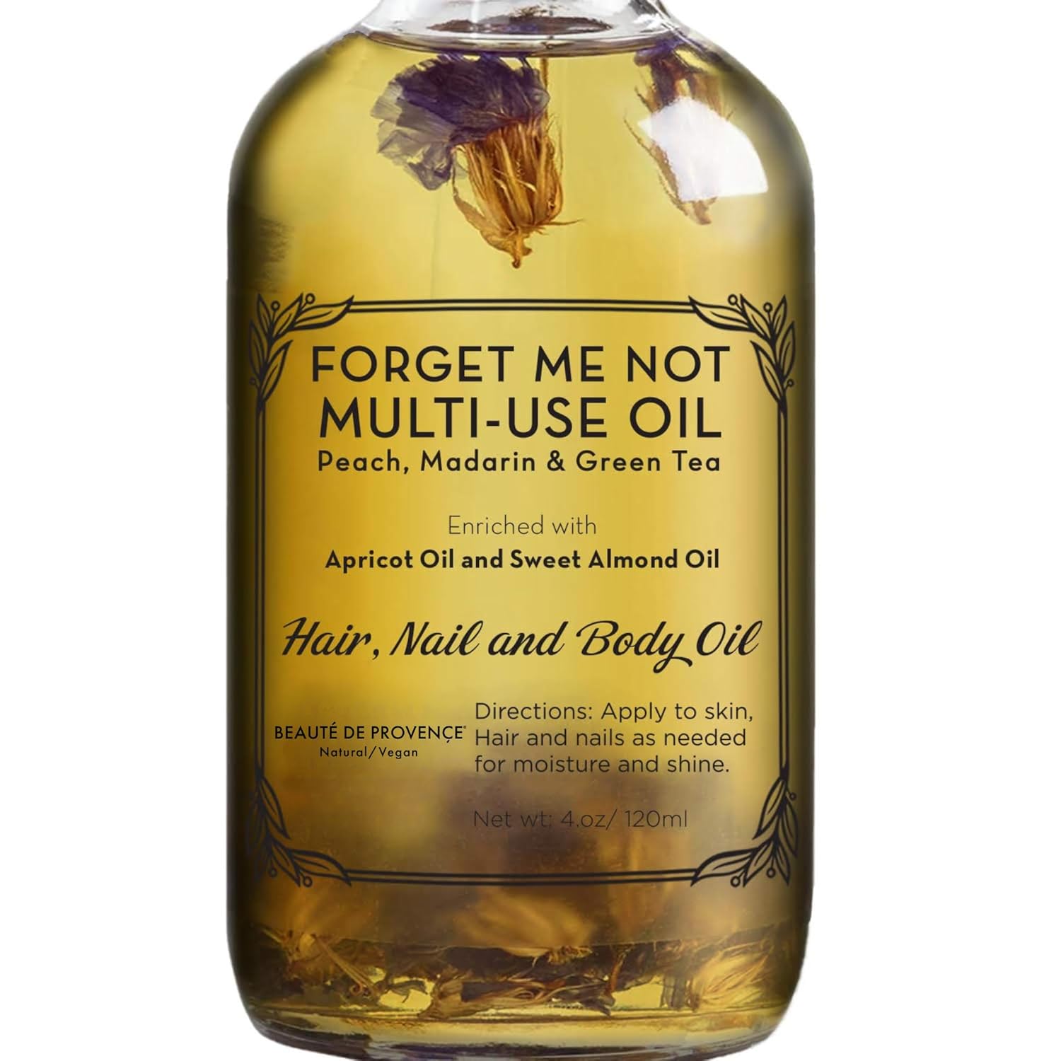 BEAUTE DE PROVENCE Multi-Use Oil for Face, Body and Hair – Forget Me Not – Organic Blend of Apricot, Vitamin E and Sweet Almond Oil Moisturizer for Dry Skin, Scalp and Nails – 4 Fl Oz