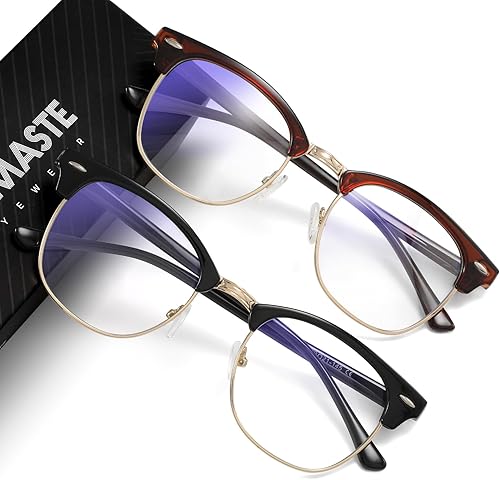 Vista 21 de Lentes de bloqueo de luz azul, vintage, medio marco, lente transparente UV, antifatiga ocular, gafas de juegos para computadora para mujeres