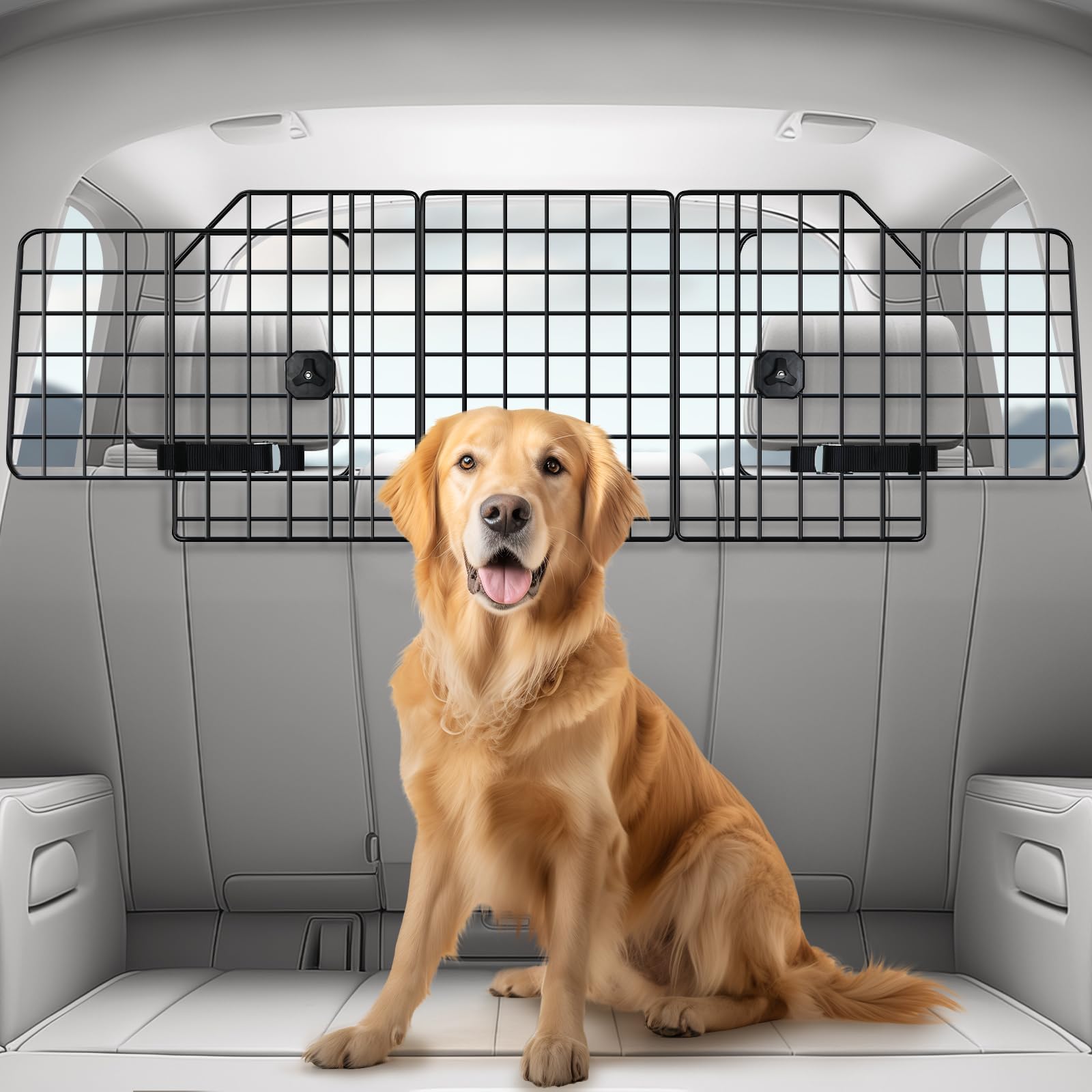 rabbitgoo Dog Car Barrier for SUVs, Adjustable Large Pet Gate, Universal-Fit Divider Cargo Net, Heavy-Duty Wire Mesh Dog Barrier SUV, Van Vehicles Subaru Car Accessories Safety Travel, Triple Folding