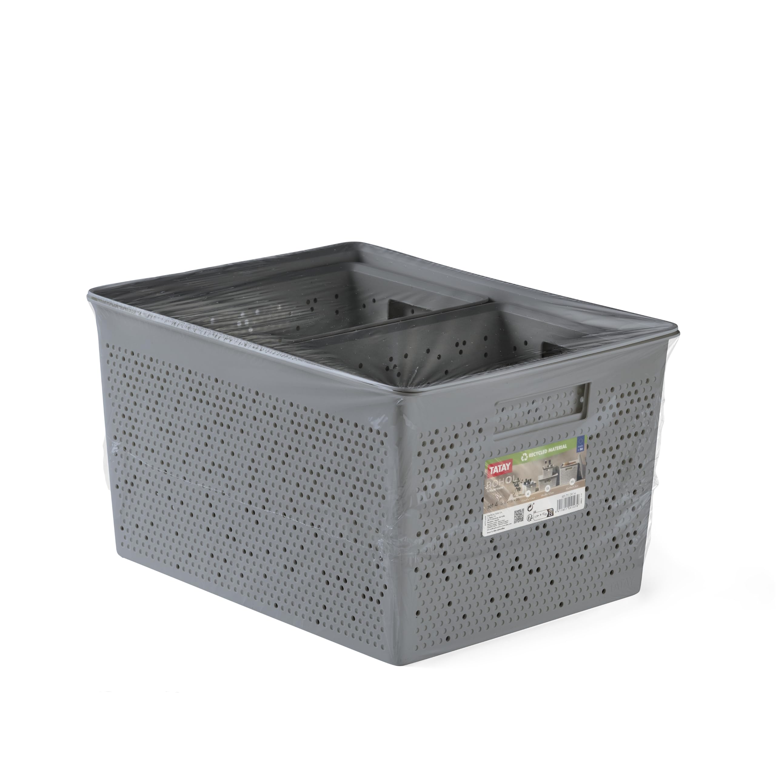 TATAY Cestino Portaoggetti Bohol Set da 4 Pezzi Senza BPA Manici Integrati | Cestino Portaoggetti Casa | Misure 30x39x21,5 cm | Plastica Riciclata | Design Impilabile | Ventilazione Ottimale, Grigio