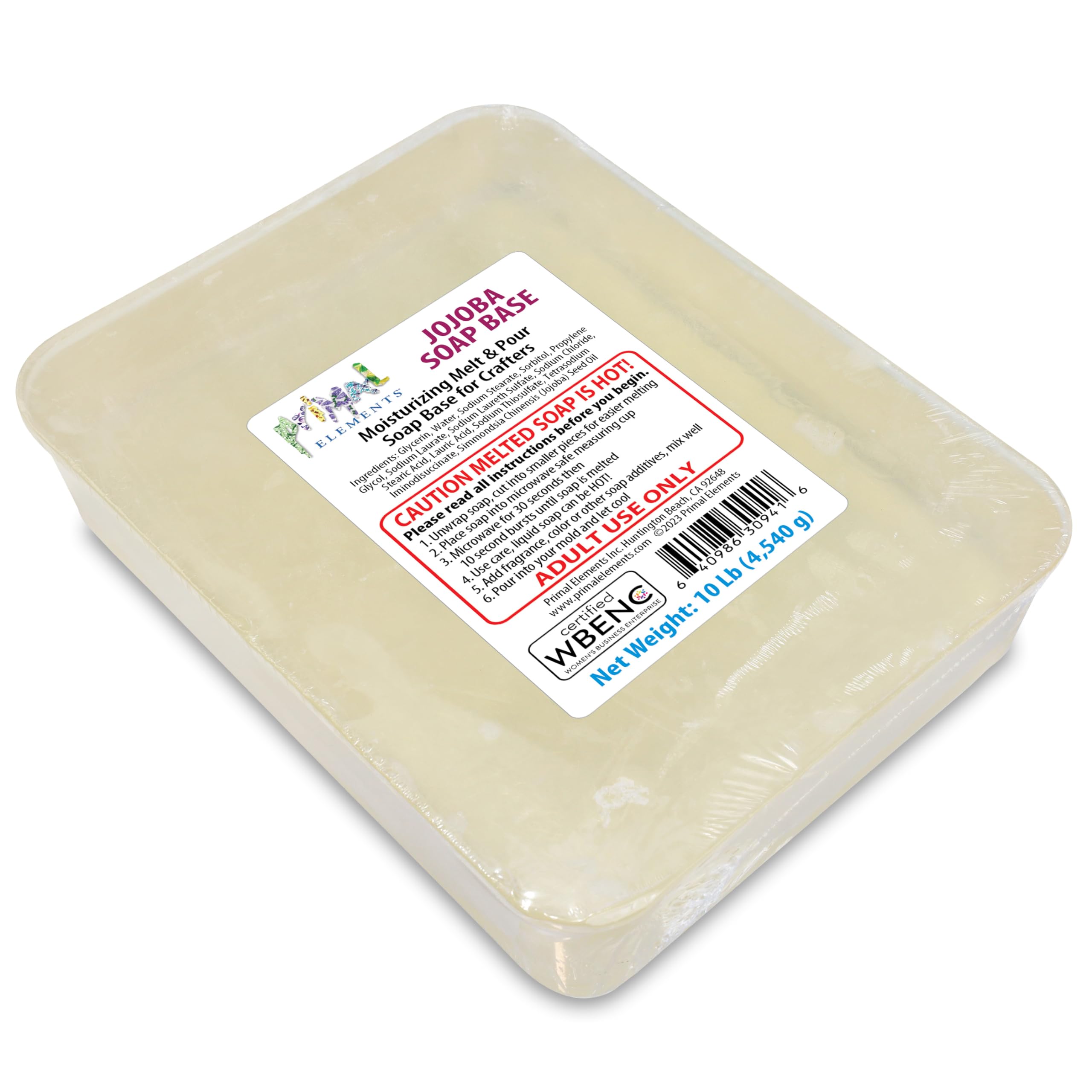 Primal Elements Jojoba Oil Soap Base - Moisturizing Melt and Pour Glycerin Soap Base for Crafting and Soap Making, Easy to Cut - 10 Pound