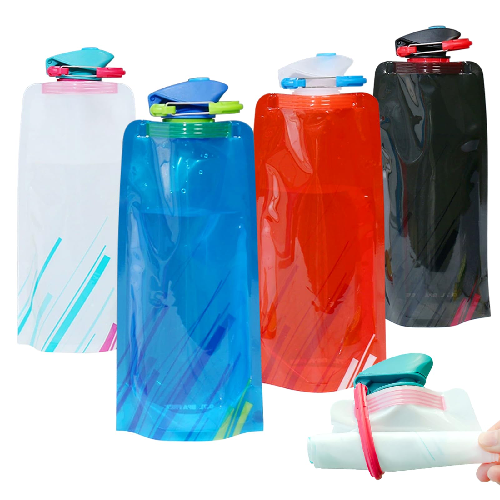 4er Faltbare Trinkflasche 700ml, Wasserflasche Faltbar Festival Wiederverwendbare Trinkbeutel Faltflasche mit Karabiner,Foldable Water Bottle für Rucksack Wandern Abenteuer Reisen Festival Zubehör Sport & Freizeit