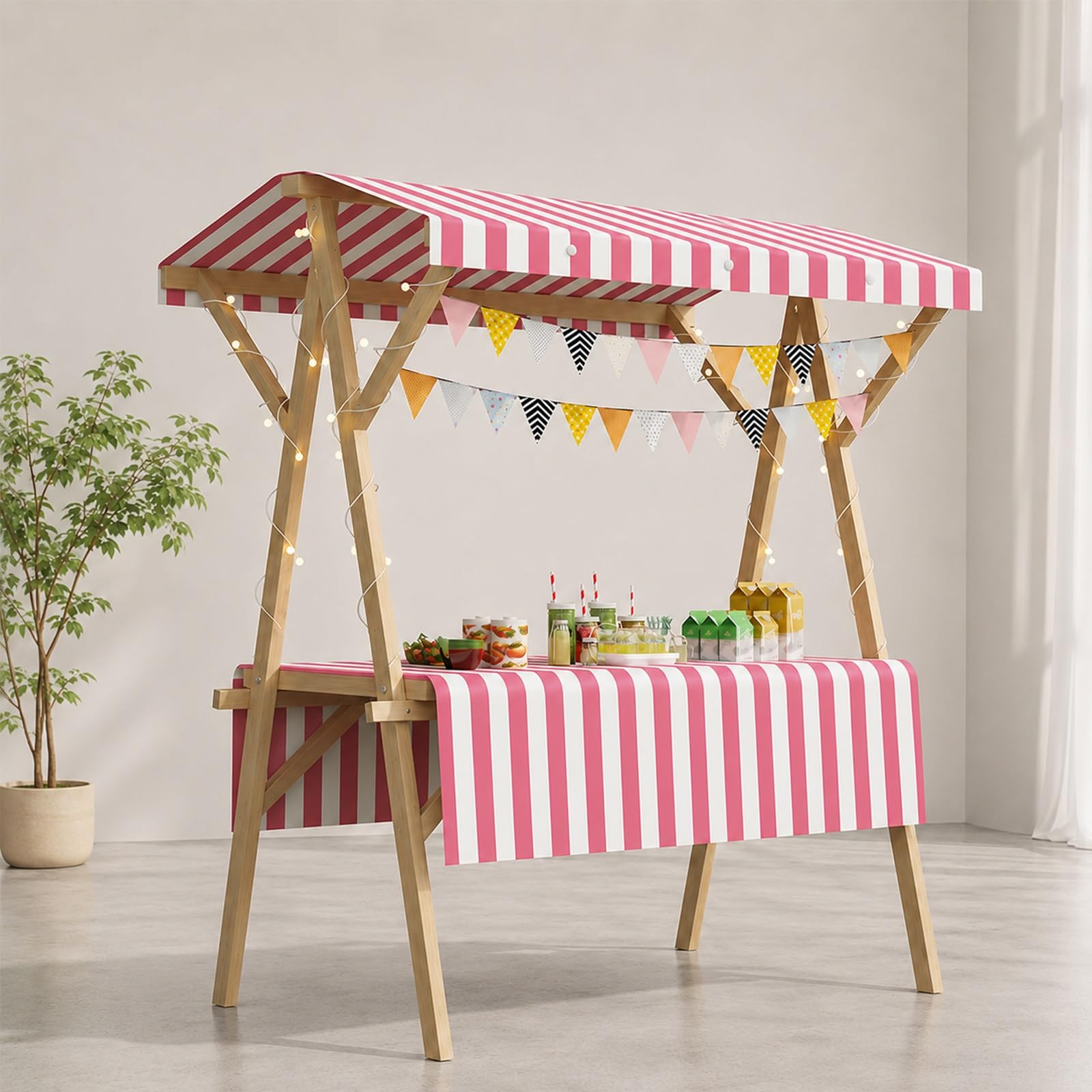 WNGJZZYC Foldable Vendor Cart with Canopy, Food Carts for Sale, Wooden Market Stall Display Stand for Farmers Markets, Street Vendors, Craft Fairs and Pop-Up Shops(Pink,L 150cm/59.1in)