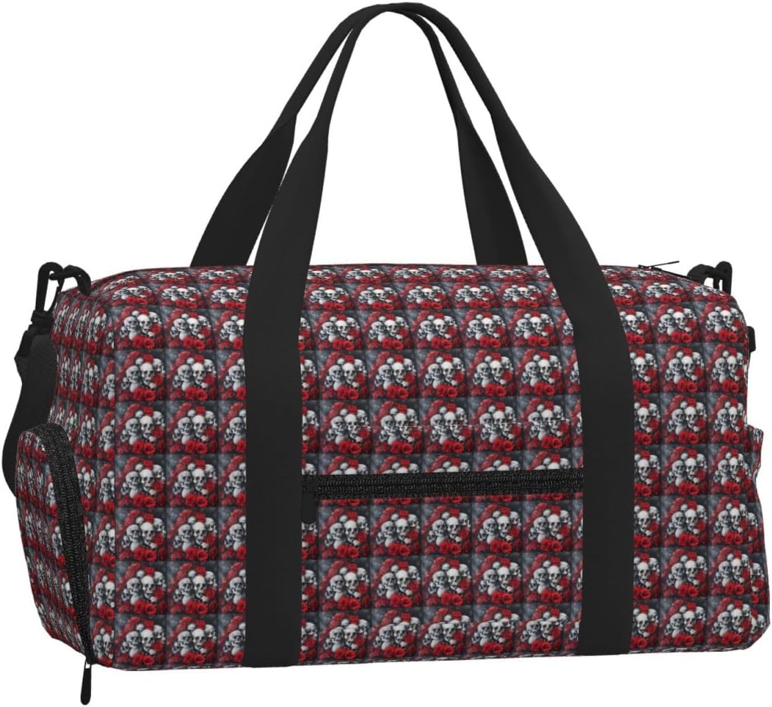 Skull And Red Rose Print Handheld Sports Luggage Unisex Crossbody Bag Travel Weekend Fitness Workout