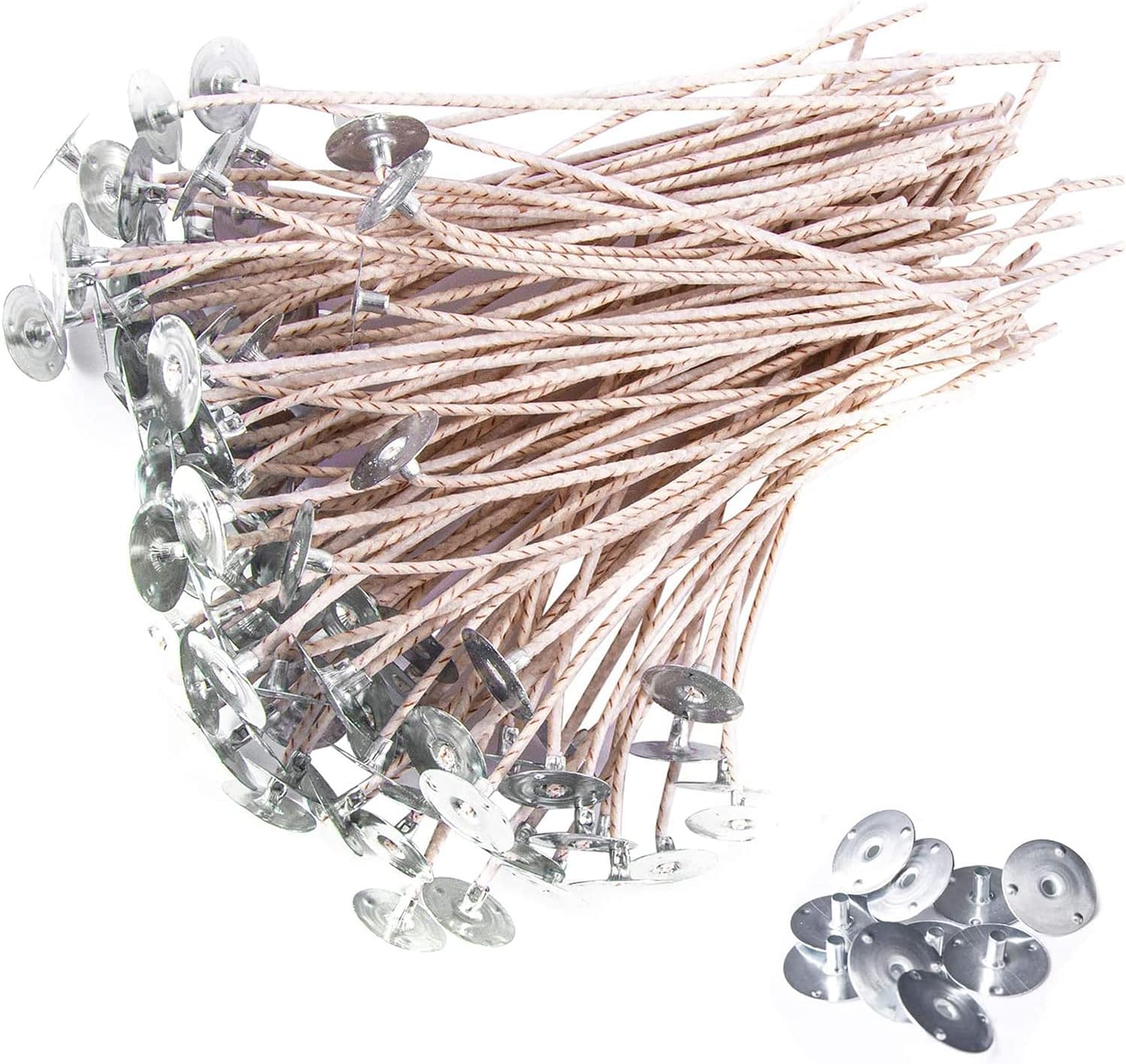 DELFINO 6 Inch 100pcs Thick Gauge Wick, Natural Candle Wick Pre-Waxed with 10 Free Metal Bases, Fit Container Diameter 2-3IN, Low Smoke