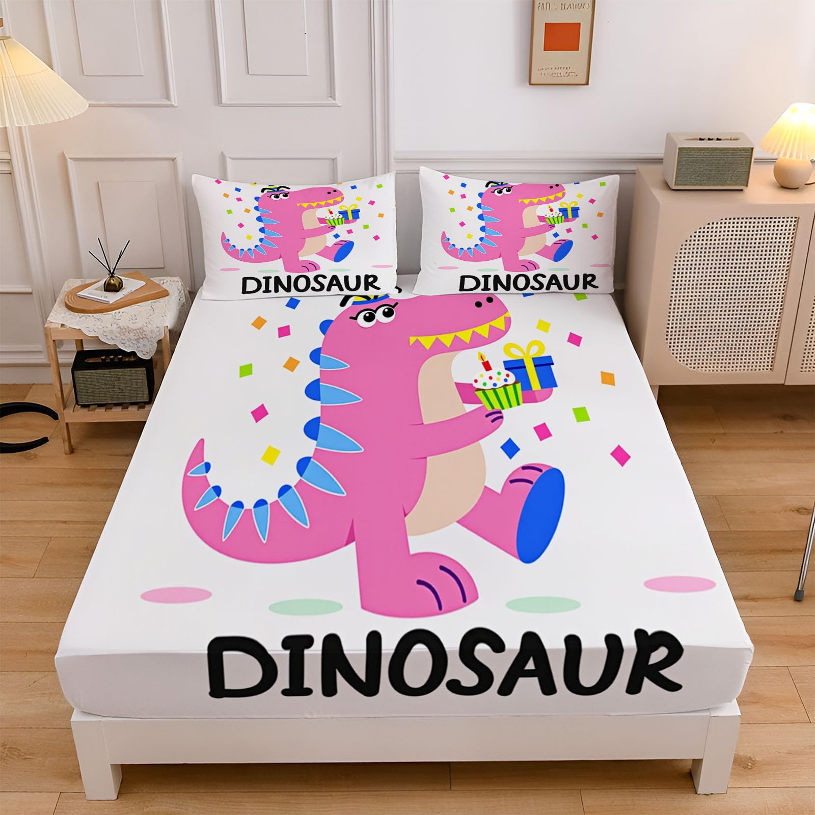 Drap Housse Bonnet 30 Cm, Ajustable Housse Matelas 3 Personne, Drap De Lit Poudre Blush Microfibre, Doux Respirant Machine, Motif De Dinosaure De Dessin Animé (Joyeux Anniversaire, 180X200Cm)