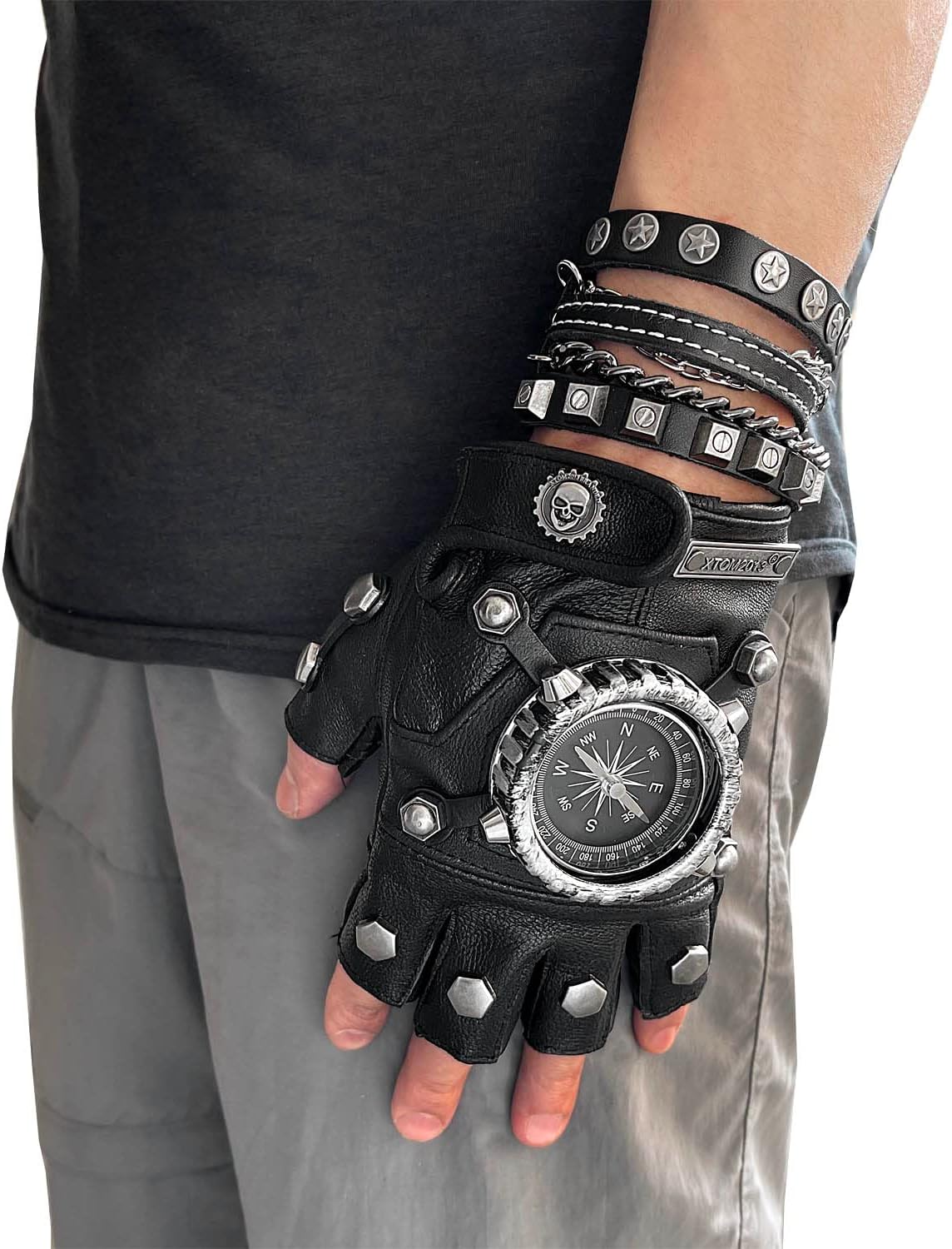 Black Leather Rock Punk Cosplay Gloves Compass Cool Gloves for Men with Bracelet