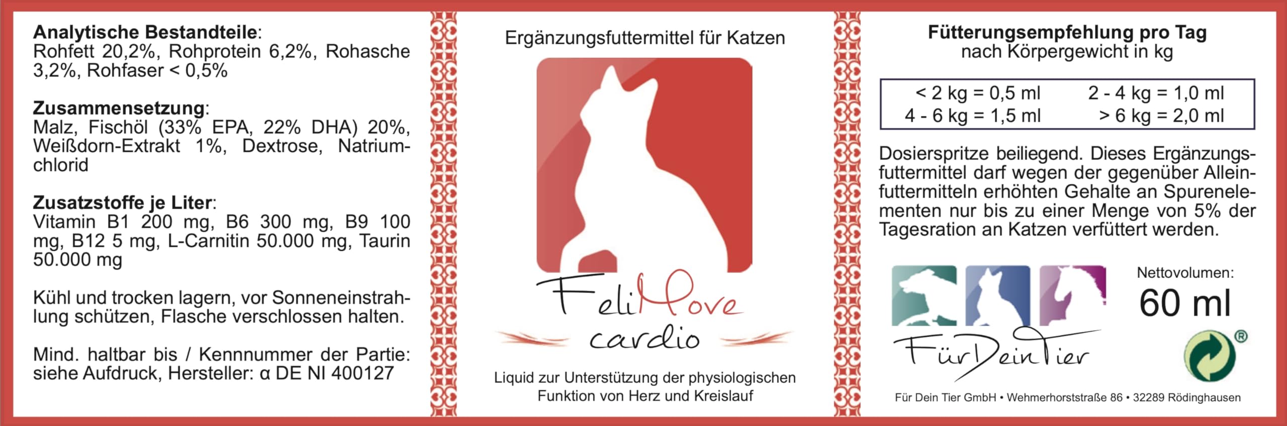 Cardio Herz-Liquid (60 ml) | unterstützt Herz, Blutdruck, Gerinnung und Kreislauf in einem Produkt | speziell für Katzen mit Omega-3 (EPA, DHA), Taurin, Carnitin, Crataegus