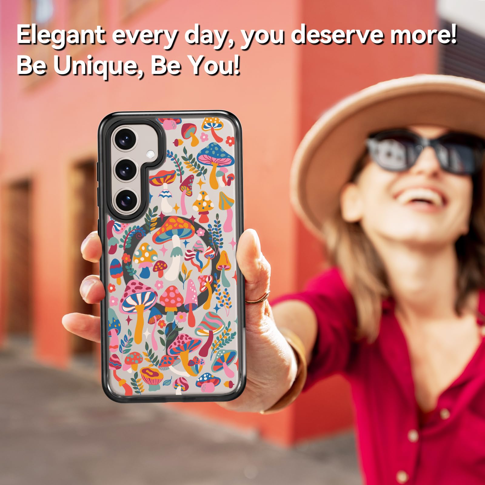 Rosarnnah Funda magnética para Samsung Magsafe bonita estética – duradera y divertida funda para teléfono – Diseño femenino de hongos y selva para mujer y niña de 6.7 pulgadas, color negro
