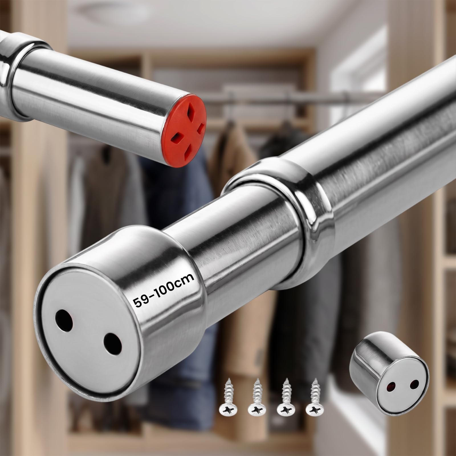 Asta estensibile per guardaroba, in acciaio inox, con prese terminali, 57,1-100,3 cm