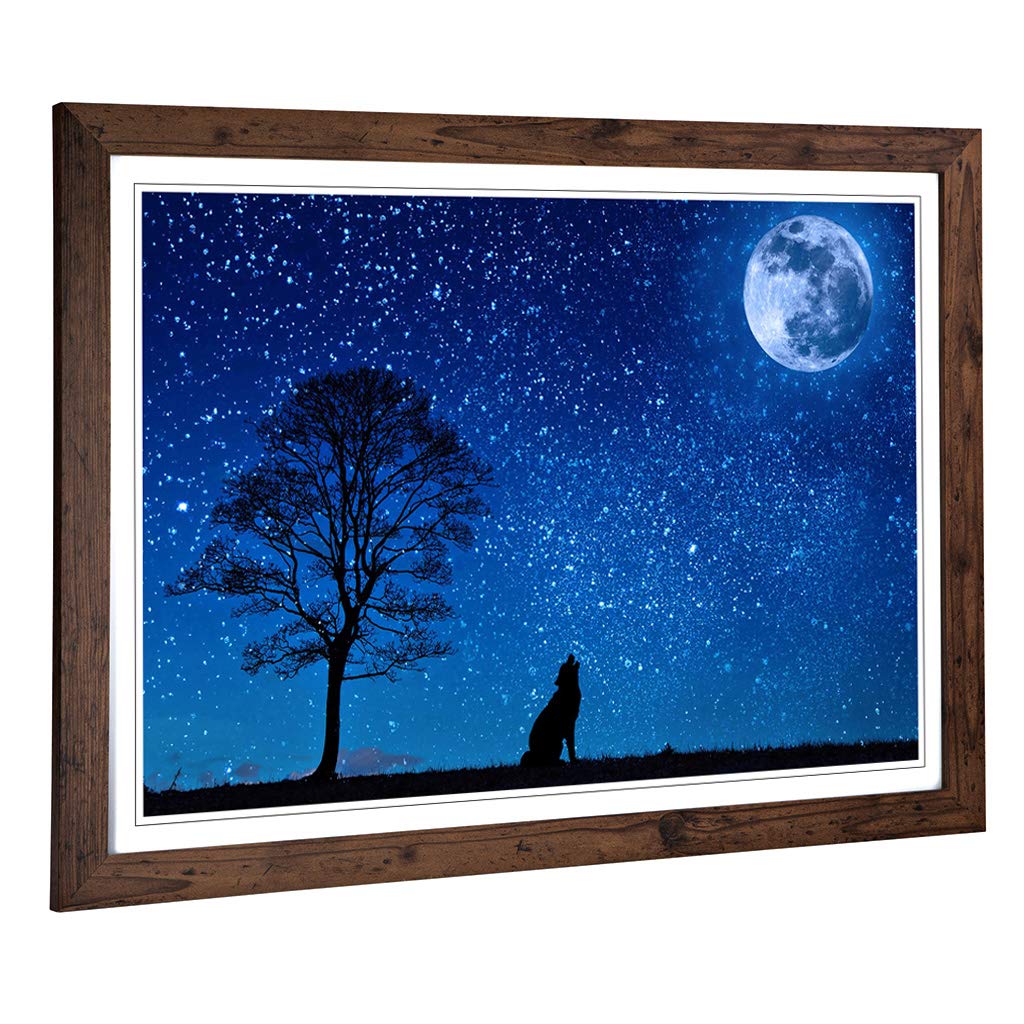 Big Box Art Framed Print of Wolf Howling at The Moon Design | Wall Art Picture | Home Decor for Kitchen, Living, Dining Room, Bedroom, Hallway, Office, Walnut, A2 / 24.5x18 Inch / 62x45cm